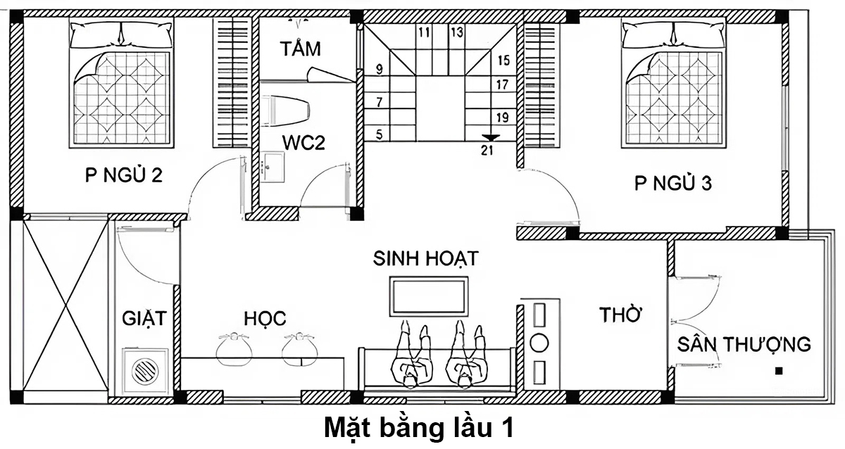 Bố trí mặt bằng tầng 2 của ngôi nhà 2 tầng 6x15 Bố trí mặt bằng tầng 2 của ngôi nhà 2 tầng 6x15