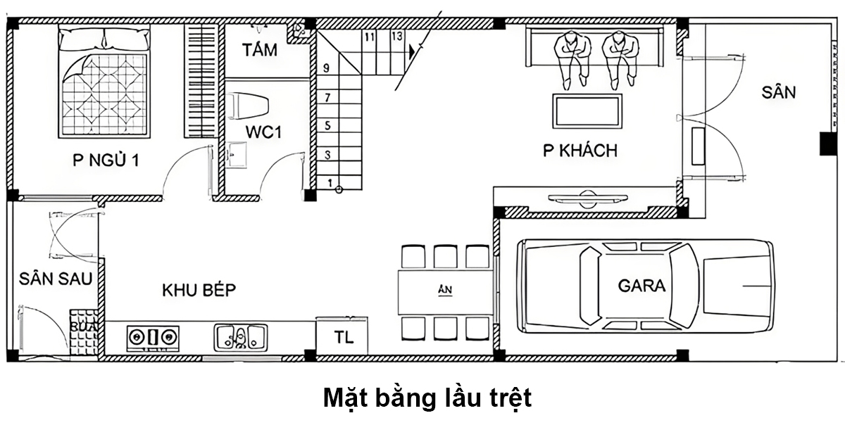 Bố trí mặt bằng tầng 1 của ngôi nhà 2 tầng 6x15 Bố trí mặt bằng tầng 1 của ngôi nhà 2 tầng 6x15
