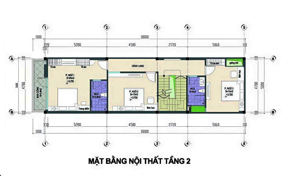 Bản vẽ mẫu thiết kế nhà ống 2 tầng 6x15 - Mặt bằng tầng 2 Bản vẽ mẫu thiết kế nhà ống 2 tầng 6x15 - Mặt bằng tầng 2