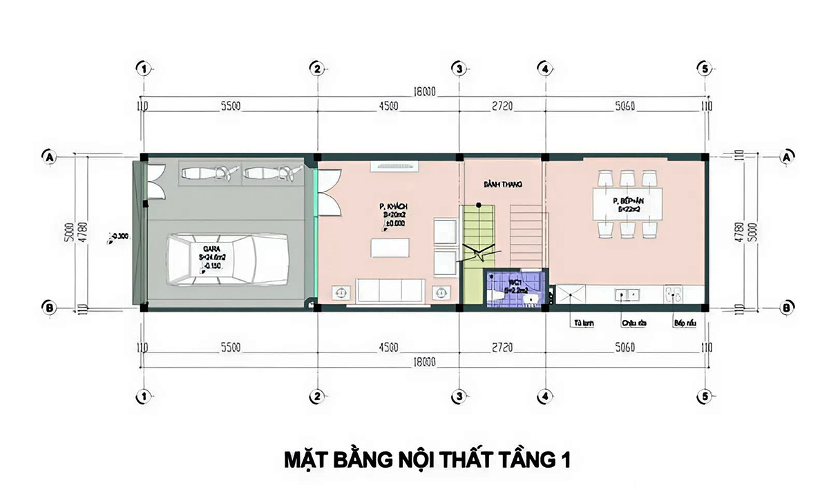 Bản vẽ mẫu thiết kế nhà ống 2 tầng 6x15 - Mặt bằng tầng 1 Bản vẽ mẫu thiết kế nhà ống 2 tầng 6x15 - Mặt bằng tầng 1