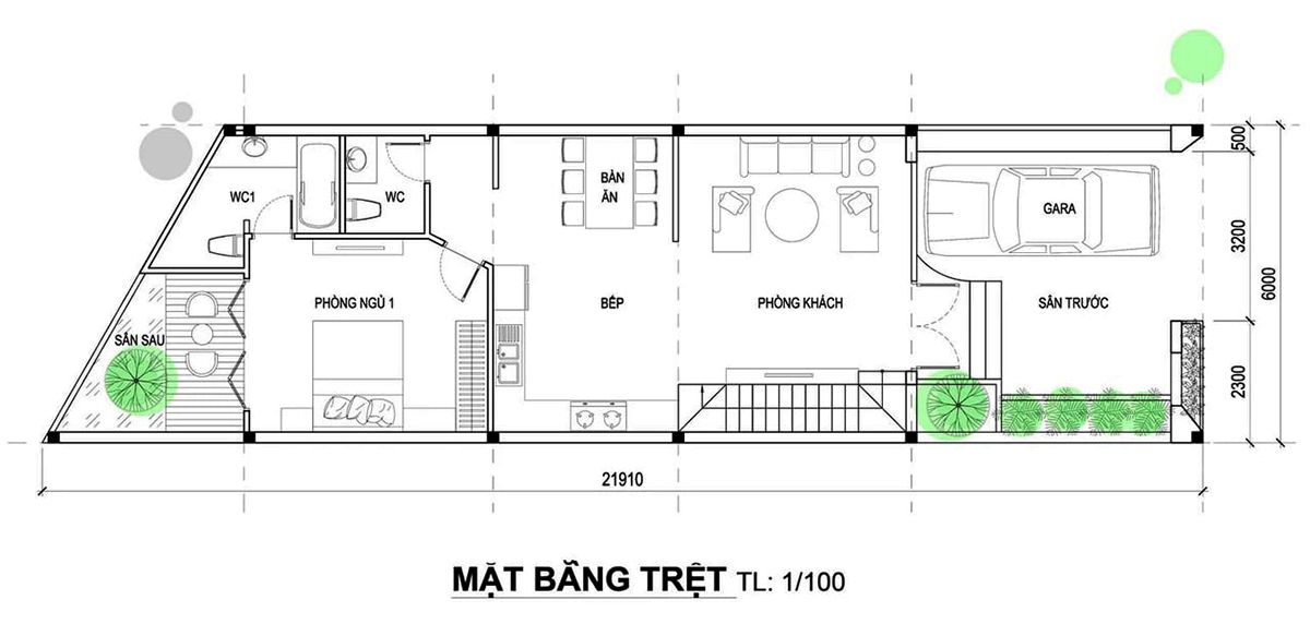 Mặt bằng công năng sử dụng của tầng trệt ngôi nhà 2 tầng Mặt bằng công năng sử dụng của tầng trệt ngôi nhà 2 tầng