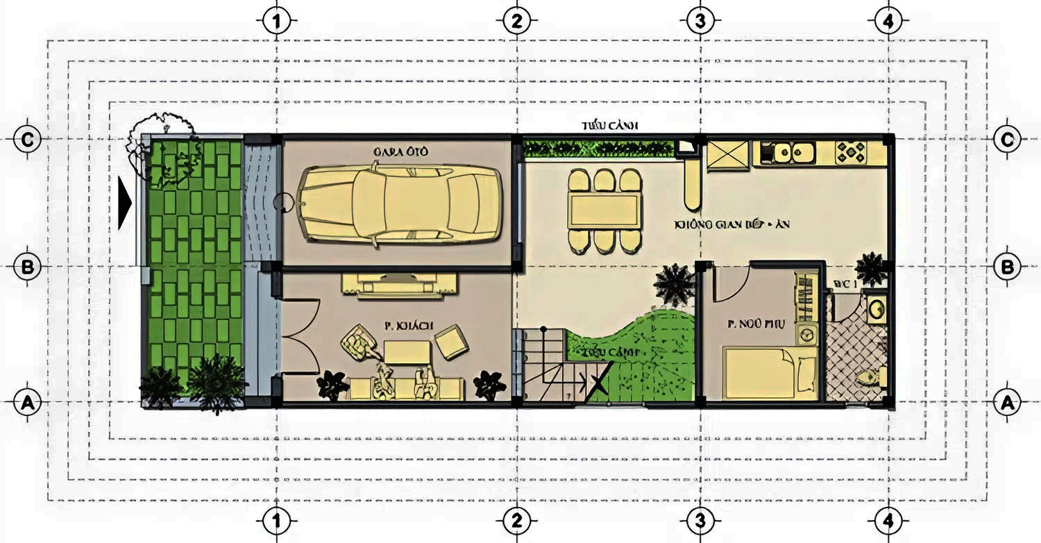 Tầng 1 được bố trí gara ô tô, 1 phòng khách, 1 phòng bếp kết hợp phòng ăn và 1 phòng ngủ phụ Tầng 1 được bố trí gara ô tô, 1 phòng khách, 1 phòng bếp kết hợp phòng ăn và 1 phòng ngủ phụ