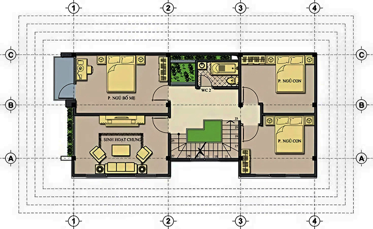 Tầng 2 được bố trí 3 phòng ngủ, 1 phòng sinh hoạt chung cùng với 1 WC chung Tầng 2 được bố trí 3 phòng ngủ, 1 phòng sinh hoạt chung cùng với 1 WC chung