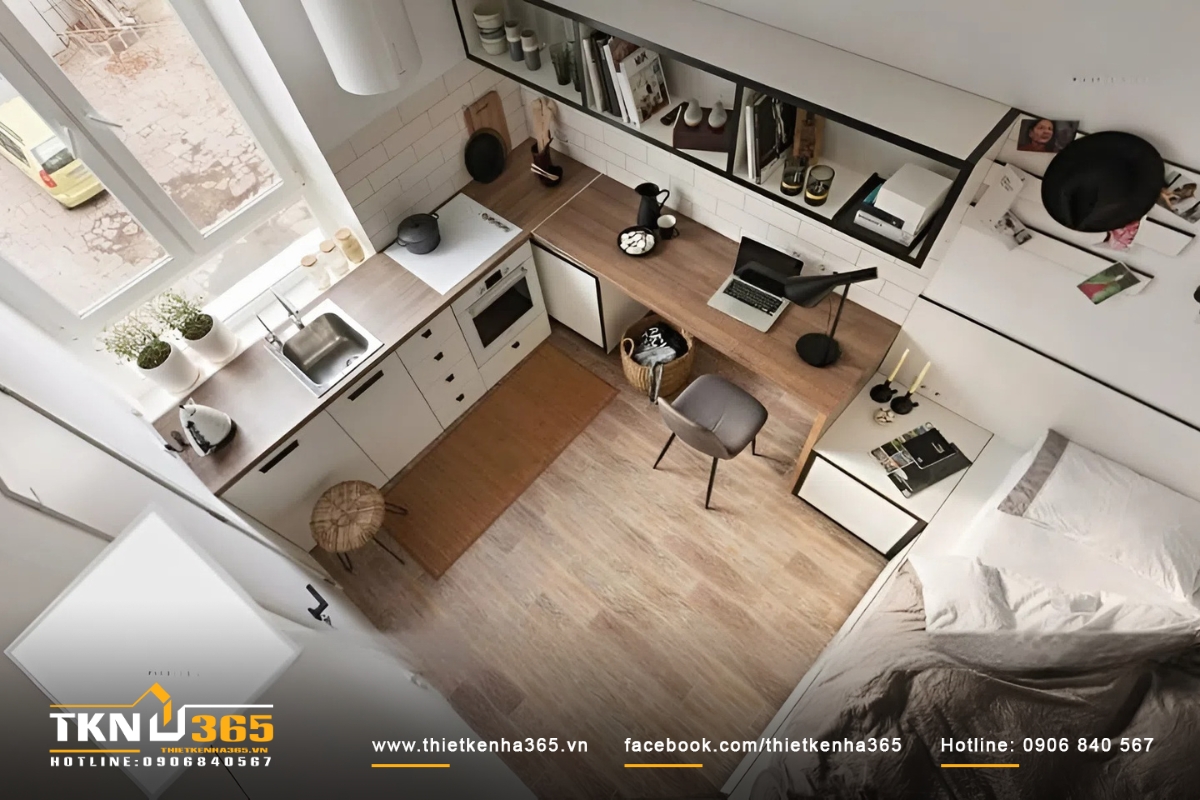 Nhà 15m2 thiết kế phòng khách, bếp và giường ngủ cạnh nhau