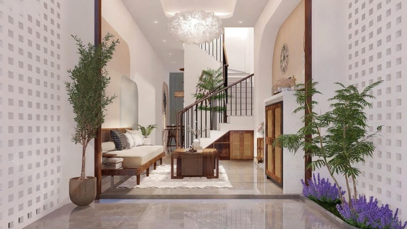 Mẫu thiết kế nhà nhỏ 30m2 đẹp gam màu tươi sáng, nhiều cây xanh