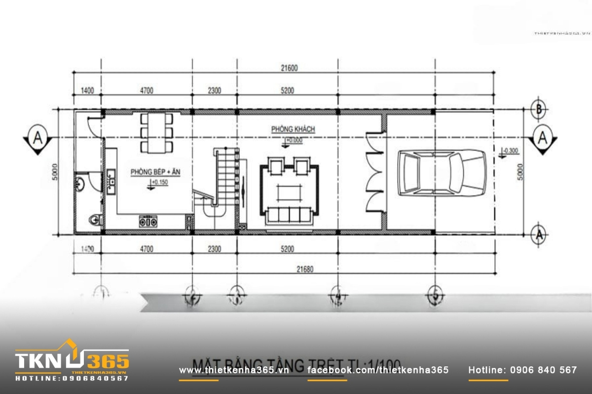 Mặt bằng c&ocirc;ng năng tầng trệt nh&agrave; 5x21m