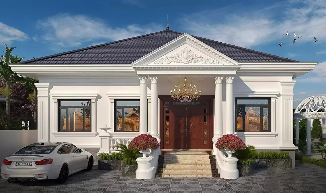 Thiết kế nhà 1 tầng 3 phòng ngủ 80m2 mái thái với phong cách tân cổ điển Thiết kế nhà 1 tầng 3 phòng ngủ 80m2 mái thái với phong cách tân cổ điển