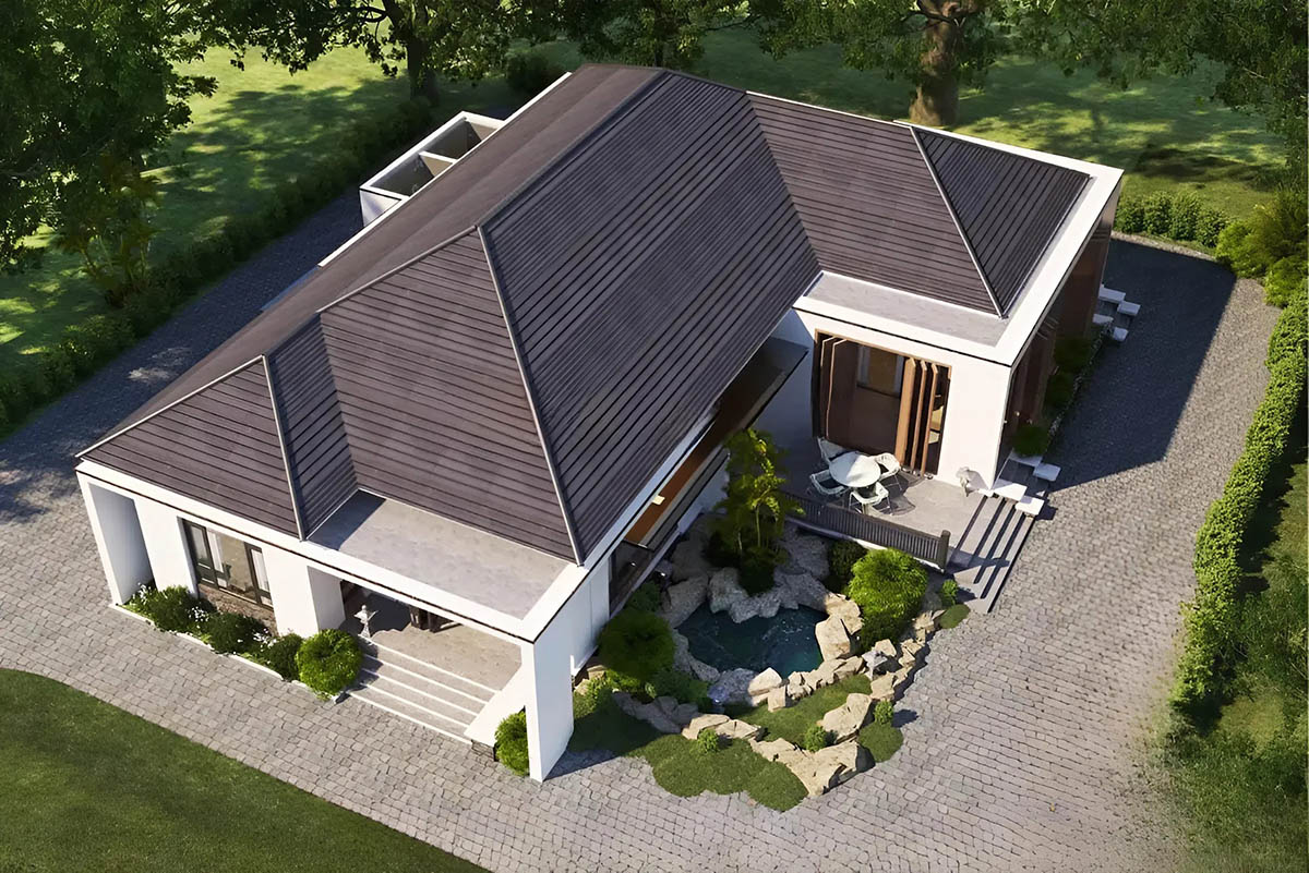 Thiết kế nhà chữ L 1 tầng 3 phòng ngủ 80m2 với hệ mái thái màu đỏ tươi truyền thống Thiết kế nhà chữ L 1 tầng 3 phòng ngủ 80m2 với hệ mái thái màu đỏ tươi truyền thống