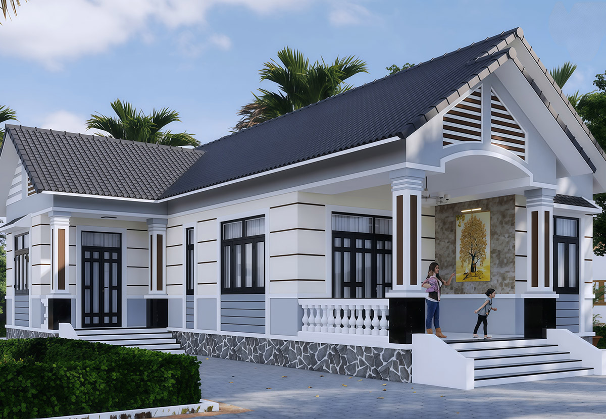 Mẫu nhà chữ l 1 tầng 3 phòng ngủ tiện nghi với phong cách tân cổ điển