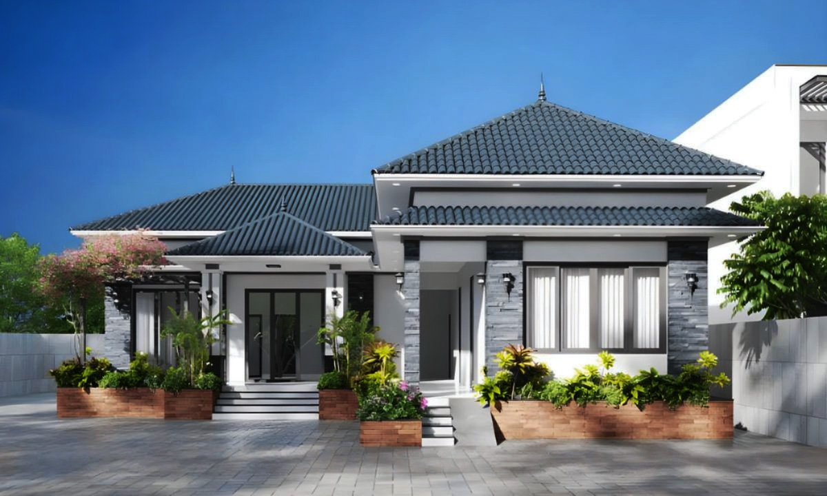 Mẫu nhà chữ L 1 tầng theo phong cách châu Âu đẹp mắt