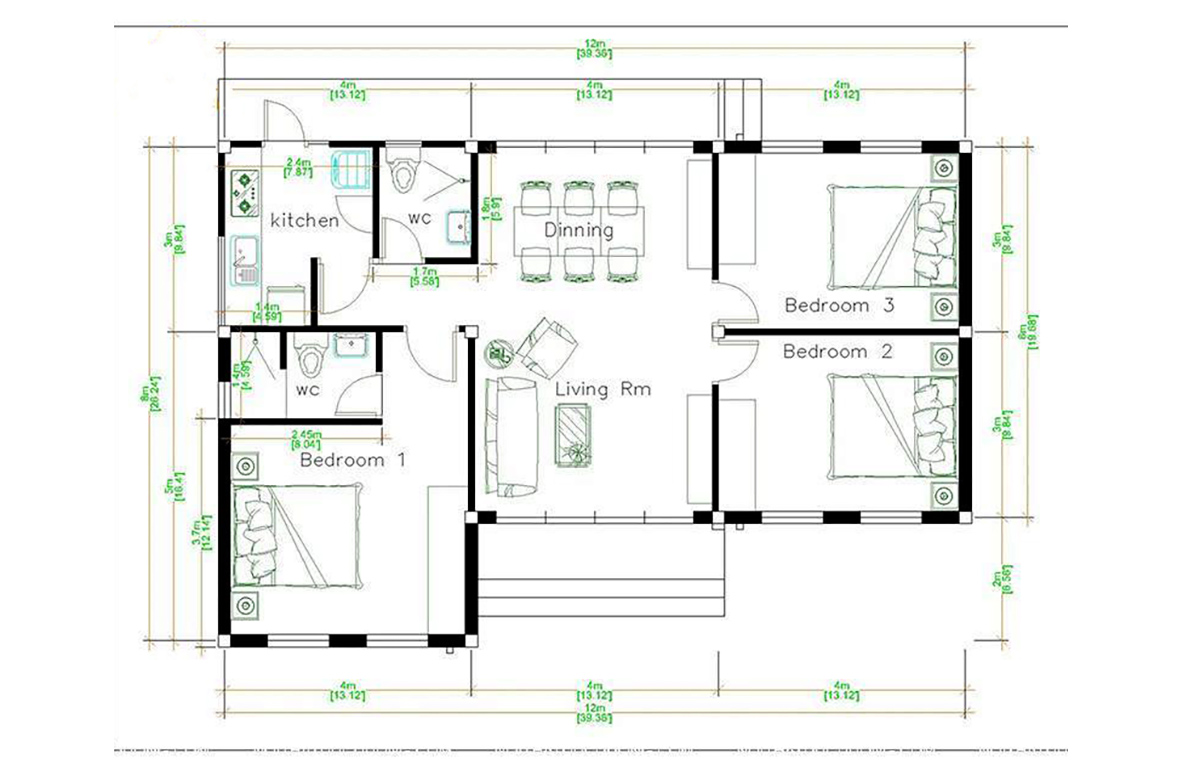 Bản vẽ nhà cấp 4 chữ L mái bằng nông thôn đơn giản