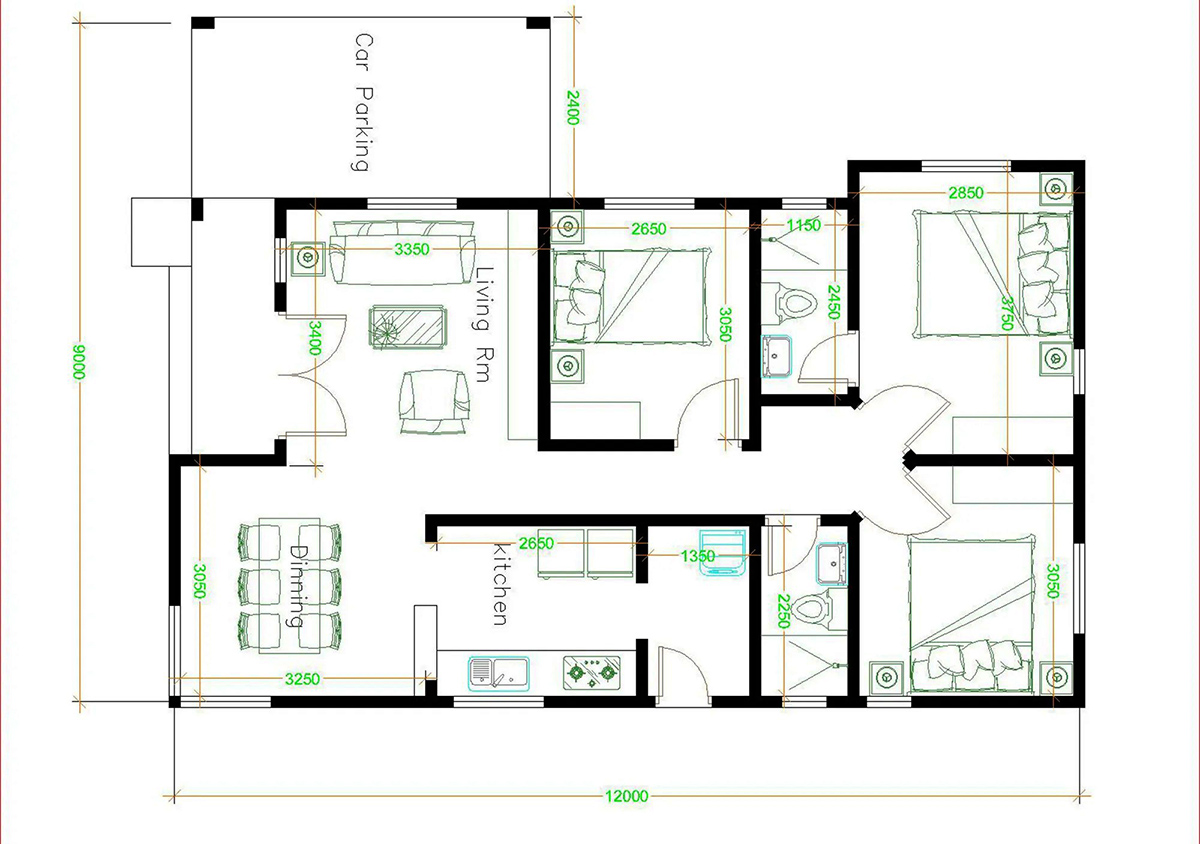 Mẫu bản vẽ nhà chữ L 1 tầng mái bằng có 3 phòng ngủ