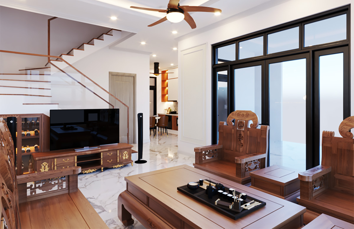 Phòng khách được thiết kế với các tông màu trung tính sang trọng