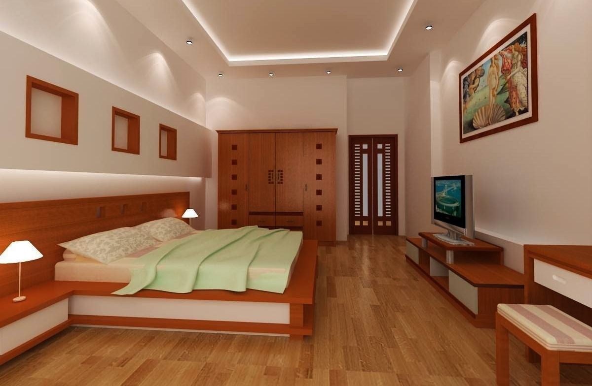 Một phòng ngủ được thiết kế với màu sắc ấm cúng, dễ chịu