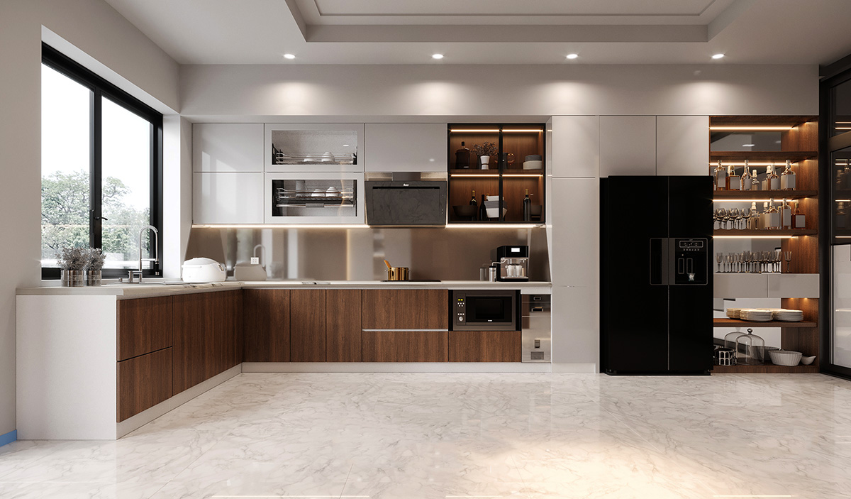 Phòng bếp với đầy đủ tiện nghi, có bố trí cửa sổ