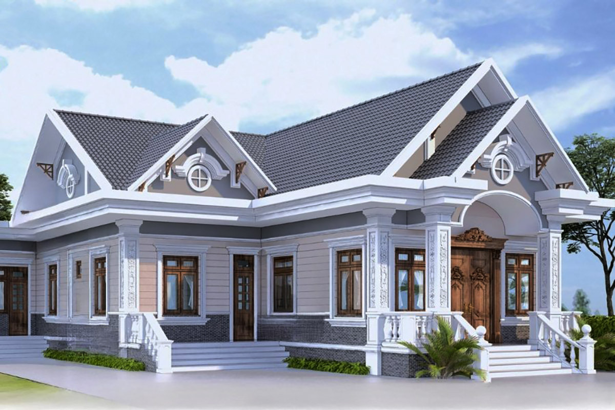 Mẫu nhà chữ L 1 tầng mái bằng nhiều cửa kính