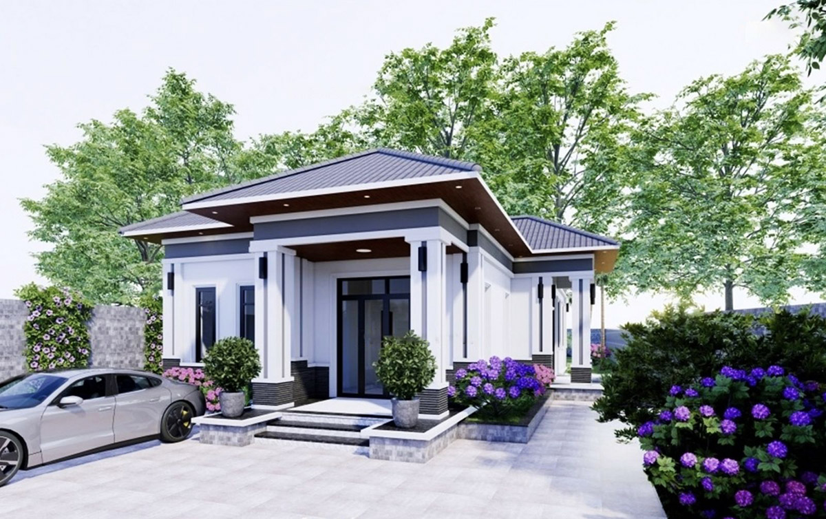 Mẫu thiết kế nhà mái bằng hình chữ L 1 tầng với 2 phòng ngủ