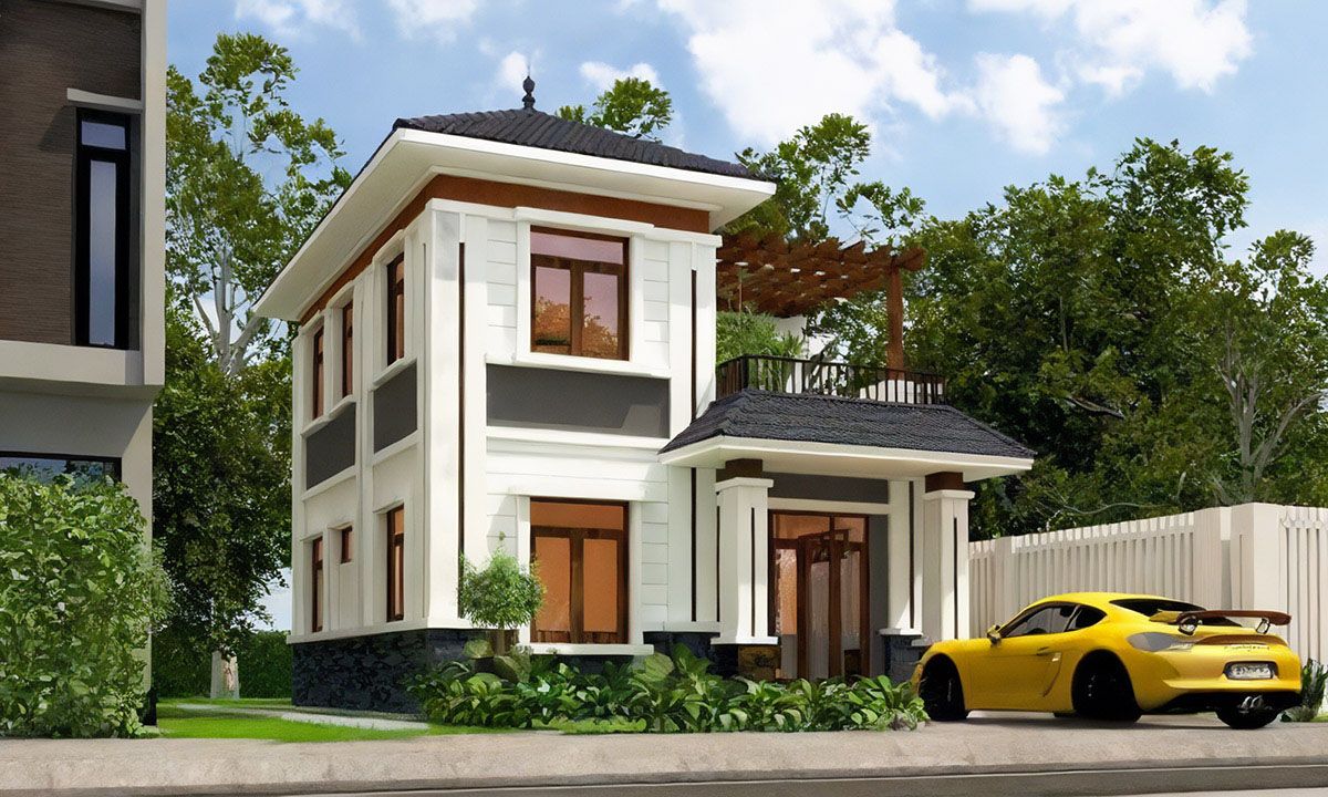 Mái nhà hình chóp tứ giác, cao lên ở đỉnh và vát nghiêng về phía cạnh đáy