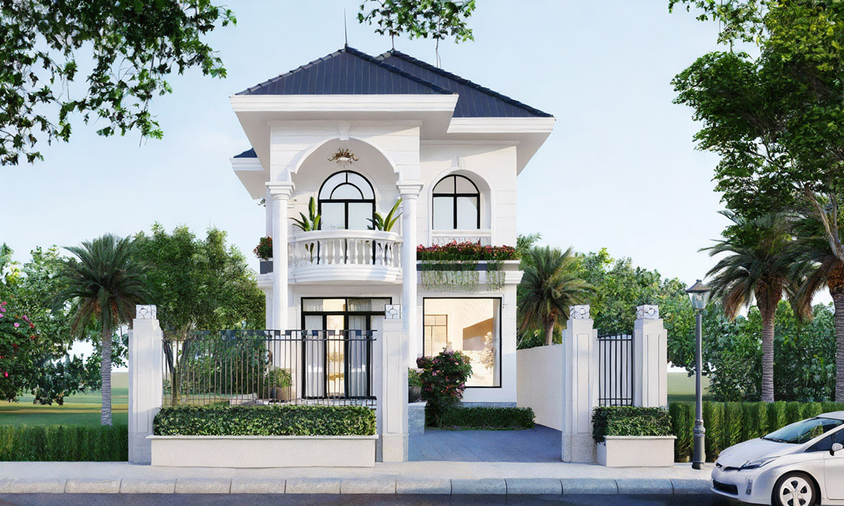 Biệt thự có quy mô 2 tầng được thiết kế theo lối kiến trúc tân cổ điển và có hệ mái nhật đẹp thanh thoát