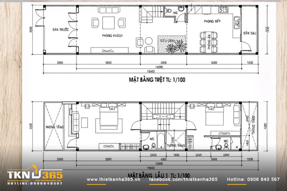 Bản vẽ nhà lệch tầng 5x20 2 tầng có 1 phòng khách, 1 phòng bếp, 1 phòng ăn, 2 phòng ngủ và 3 WC