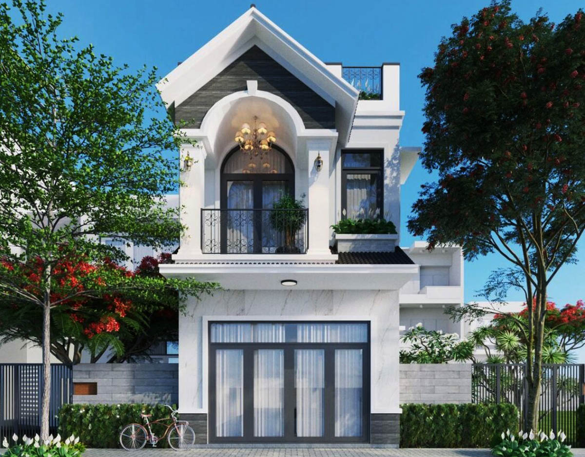 Mẫu nhà ống 2 tầng mặt tiền 5m mái thái đẹp sang trọng
