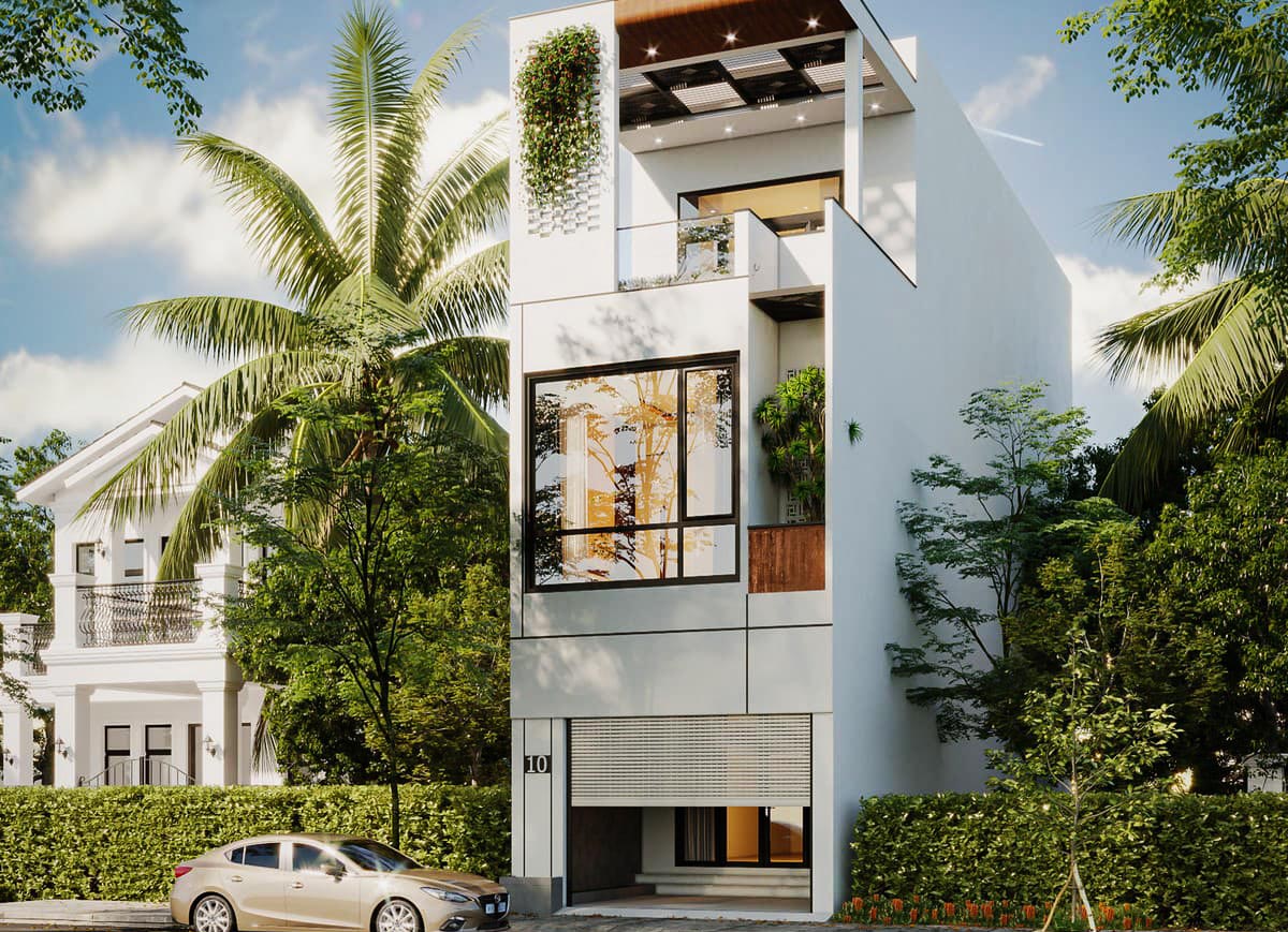 Phối cảnh mặt tiền của ngôi nhà 3 tầng 4x12m hiện đại