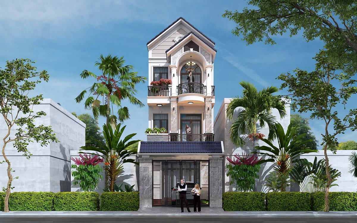 Phối cảnh mặt tiền nhà ống mái thái 4x12m