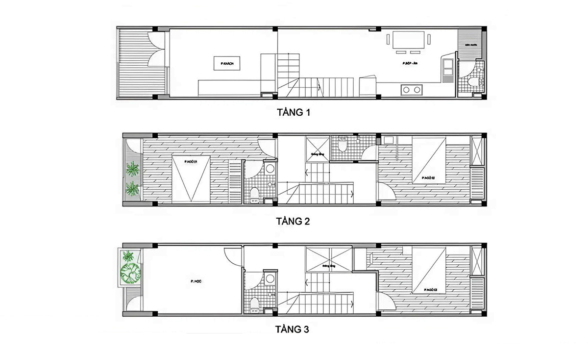 Mặt bằng công năng 3 tầng của ngôi nhà có mái thái