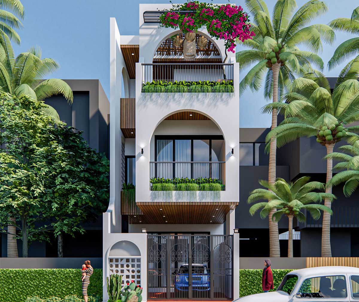 Phối cảnh mặt tiền nhà có sân thượng