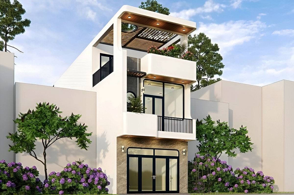 Phối cảnh nhà 3 tầng 4x12m có nhiều cây xanh