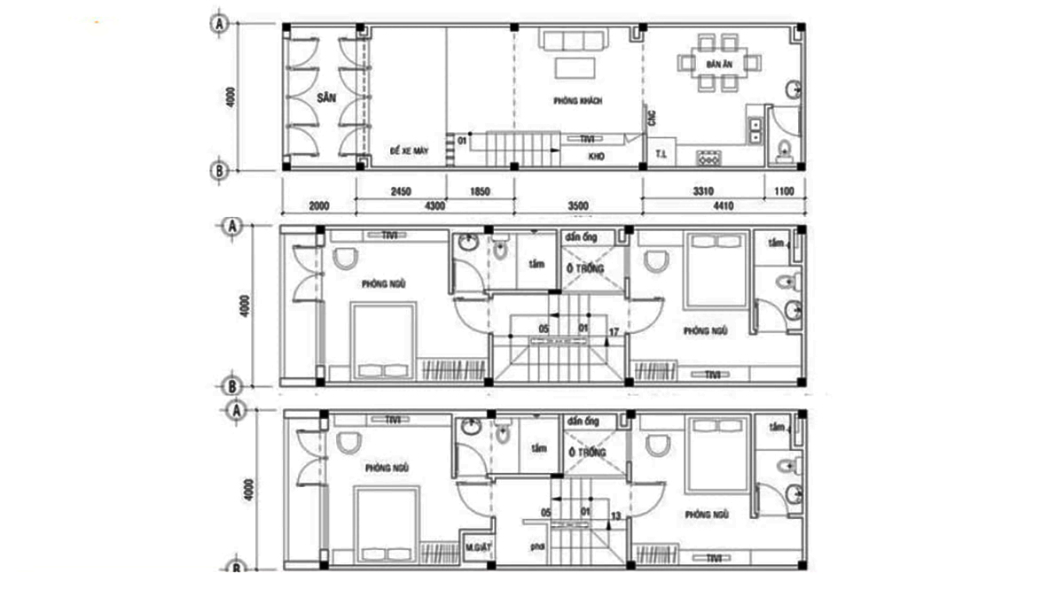 Mặt bằng công năng 3 tầng của mẫu nhà 3 tầng 4x12m hiện đại
