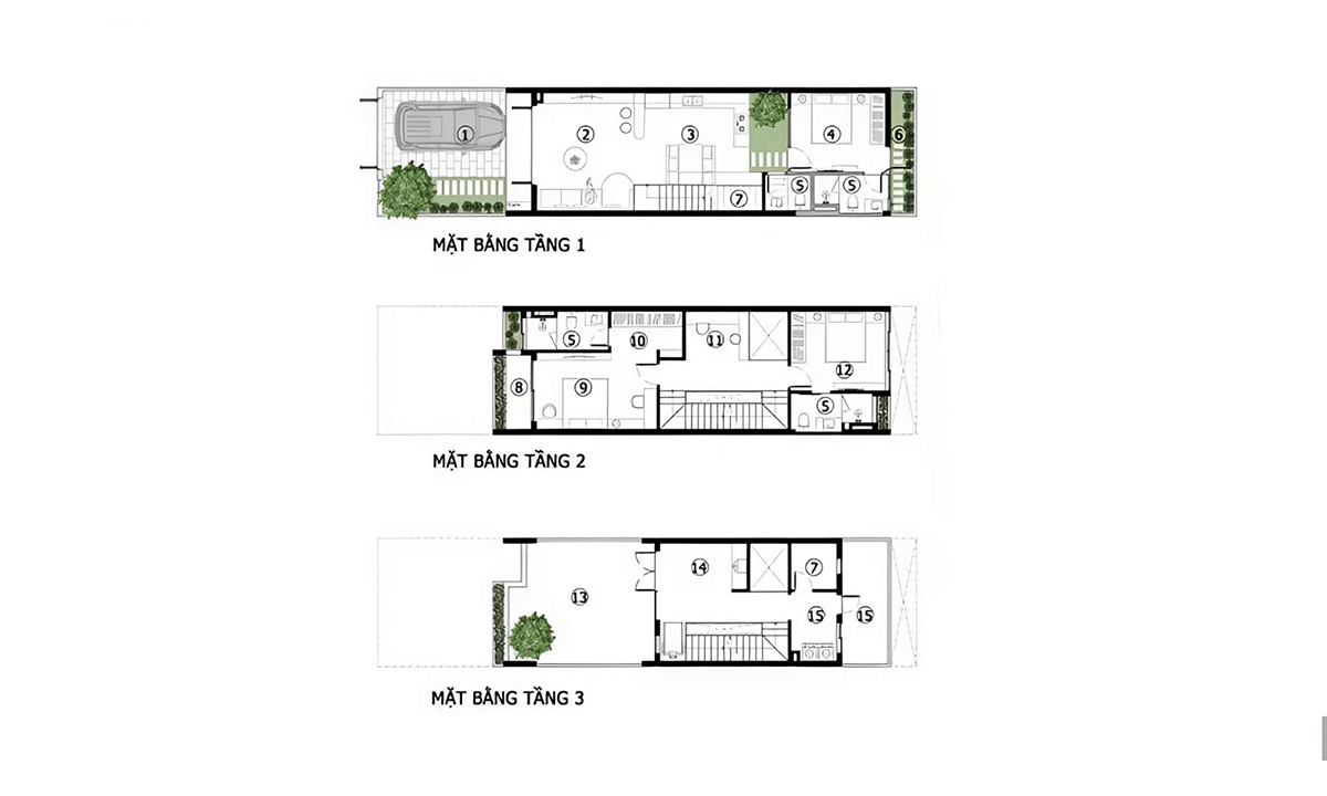 Mặt bằng công năng lần lượt của 3 tầng của nhà có nhiều cây xanh
