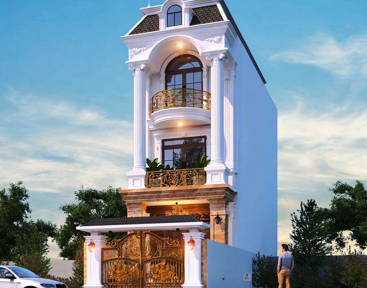 Phối cảnh mặt tiền của mẫu nhà ống 3 tầng 4x12m nhà tân cổ điển