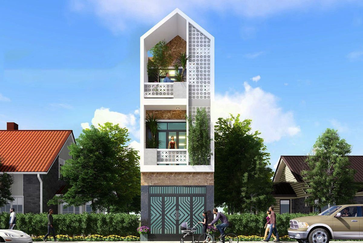 Phối cảnh mặt tiền nhà 3 tầng 4x12m có 3 phòng ngủ