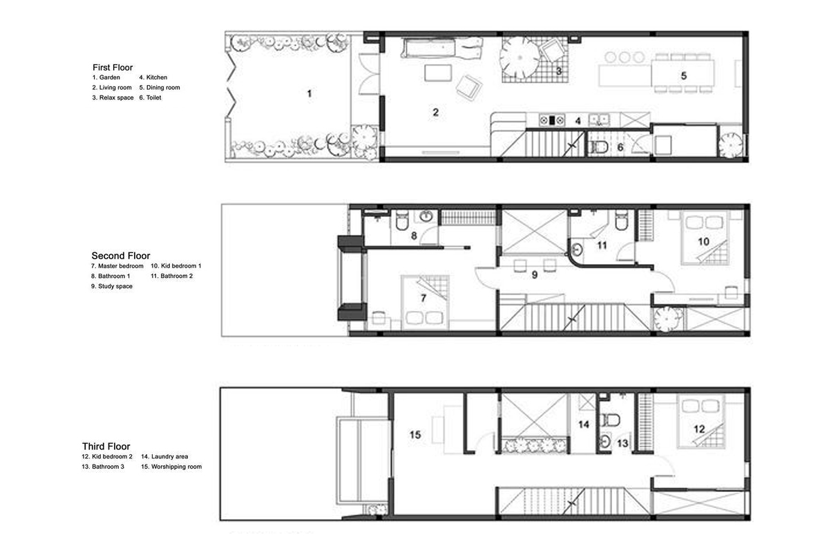 Mặt bằng công năng 3 tầng của ngôi nhà có 3 phòng ngủ