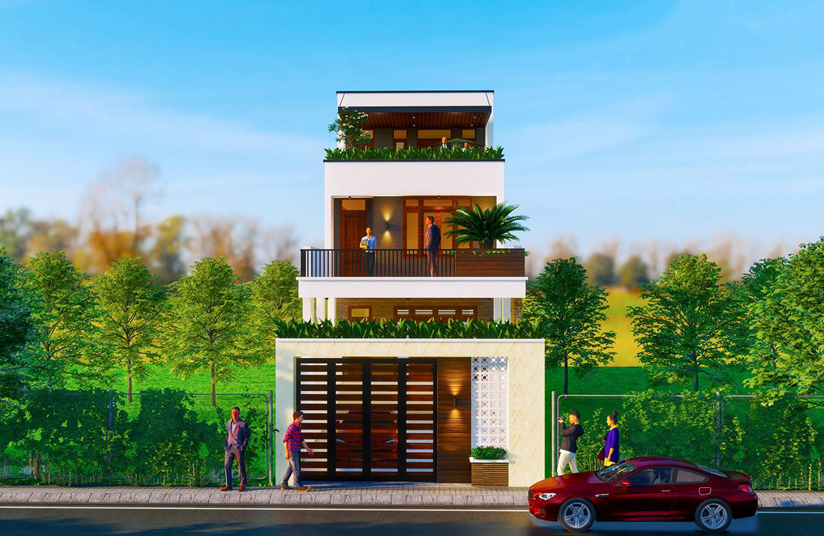 Mẫu nhà mái bằng đẹp hiện đại với trồng cây xanh ở ban công tạo sự mát mẻ