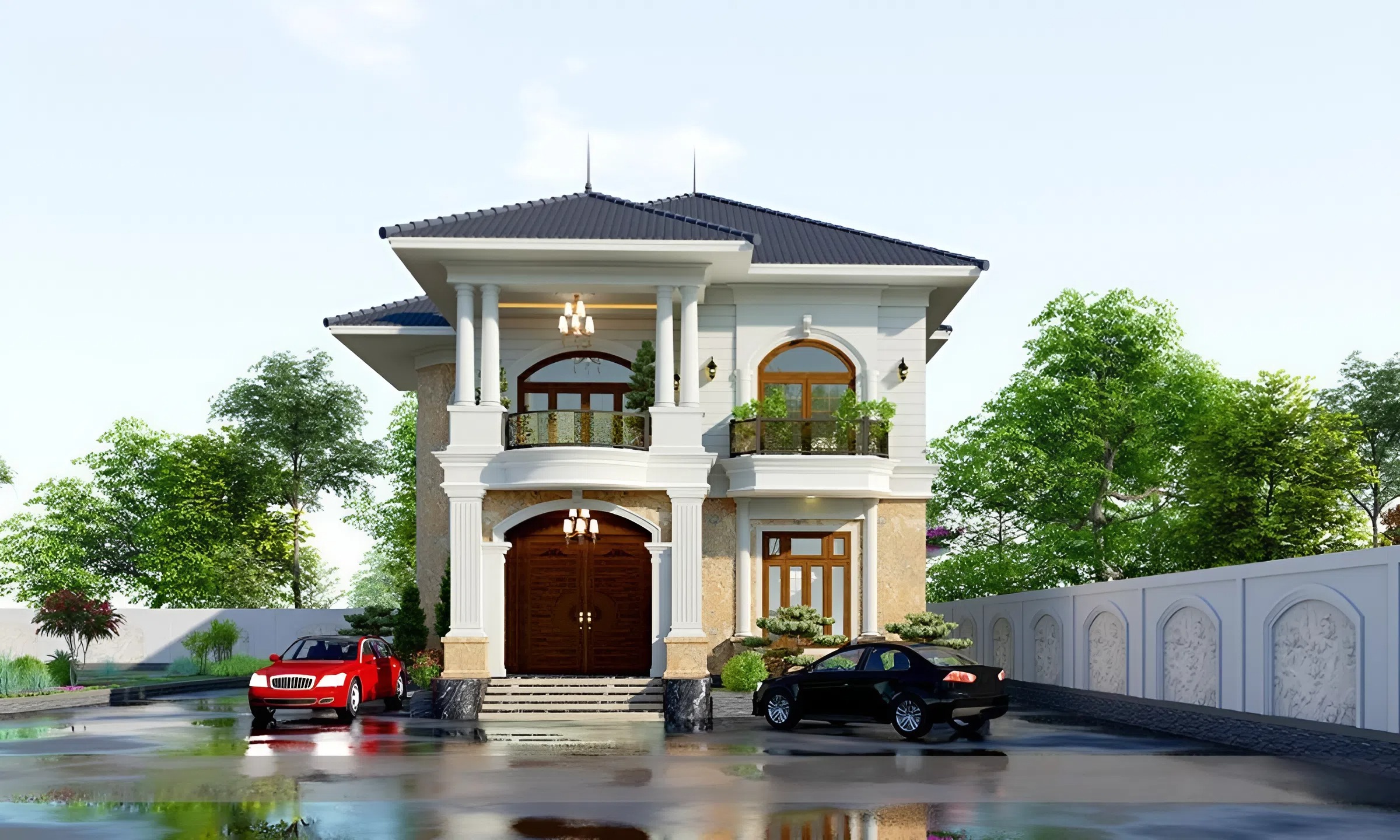 Khoảng sân trước và bên hông được sử dụng làm chỗ đậu xe cho gia đình, dễ dàng di chuyển, rộng rãi và thông thoáng
