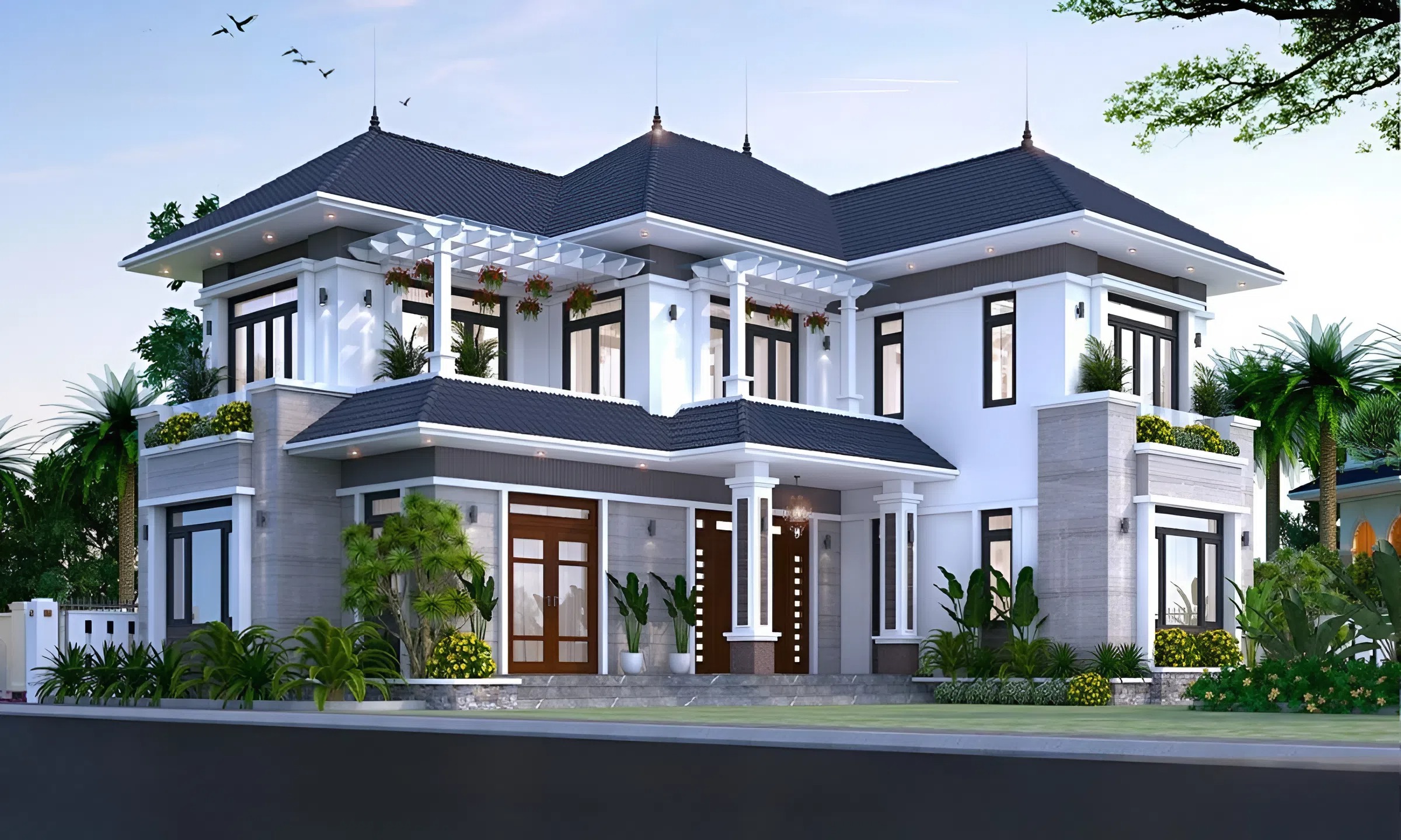Biệt thự 2 tầng 120m2 chia 3 gian ấn tượng và khang trang
