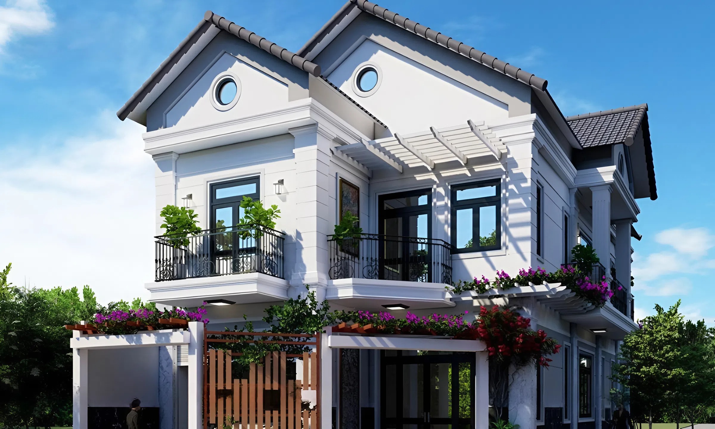 Mẫu thiết kế nhà diện tích 120m2 sử dụng hệ thống mái thái mang lại tính thẩm mỹ cao.
