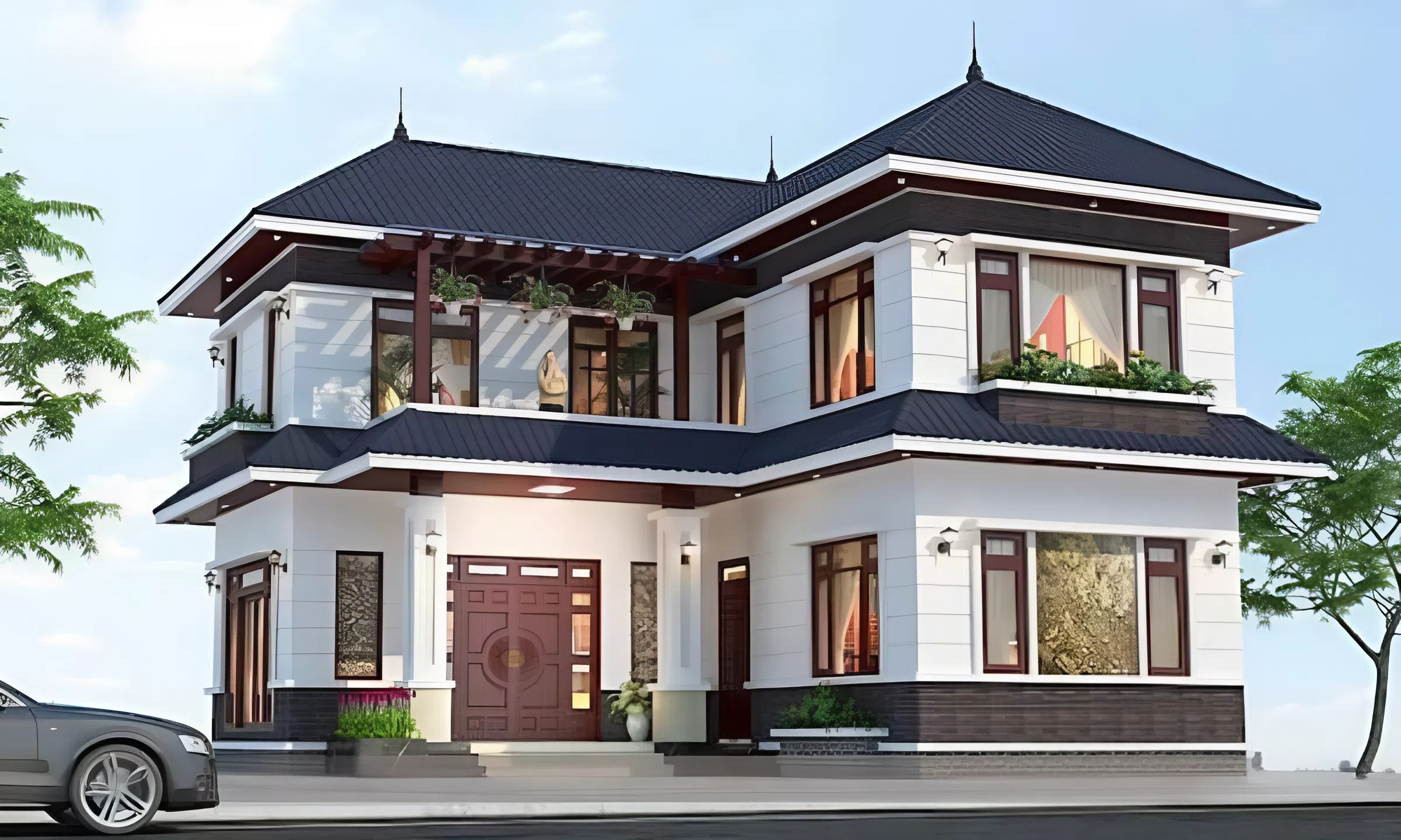 Bố trí thêm nhiều cây xanh xung quanh căn nhà trở nên tươi mát và thu hút người nhìn hơn.
