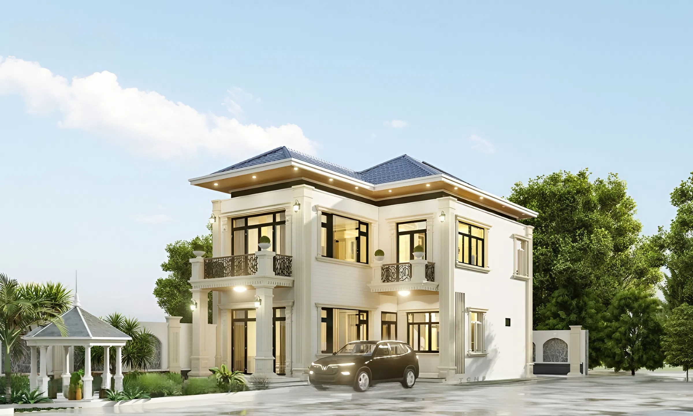 Nhìn từ xa thiết kế nhà 120m2 nổi bật với bố cục đơn giản, lạ mắt

