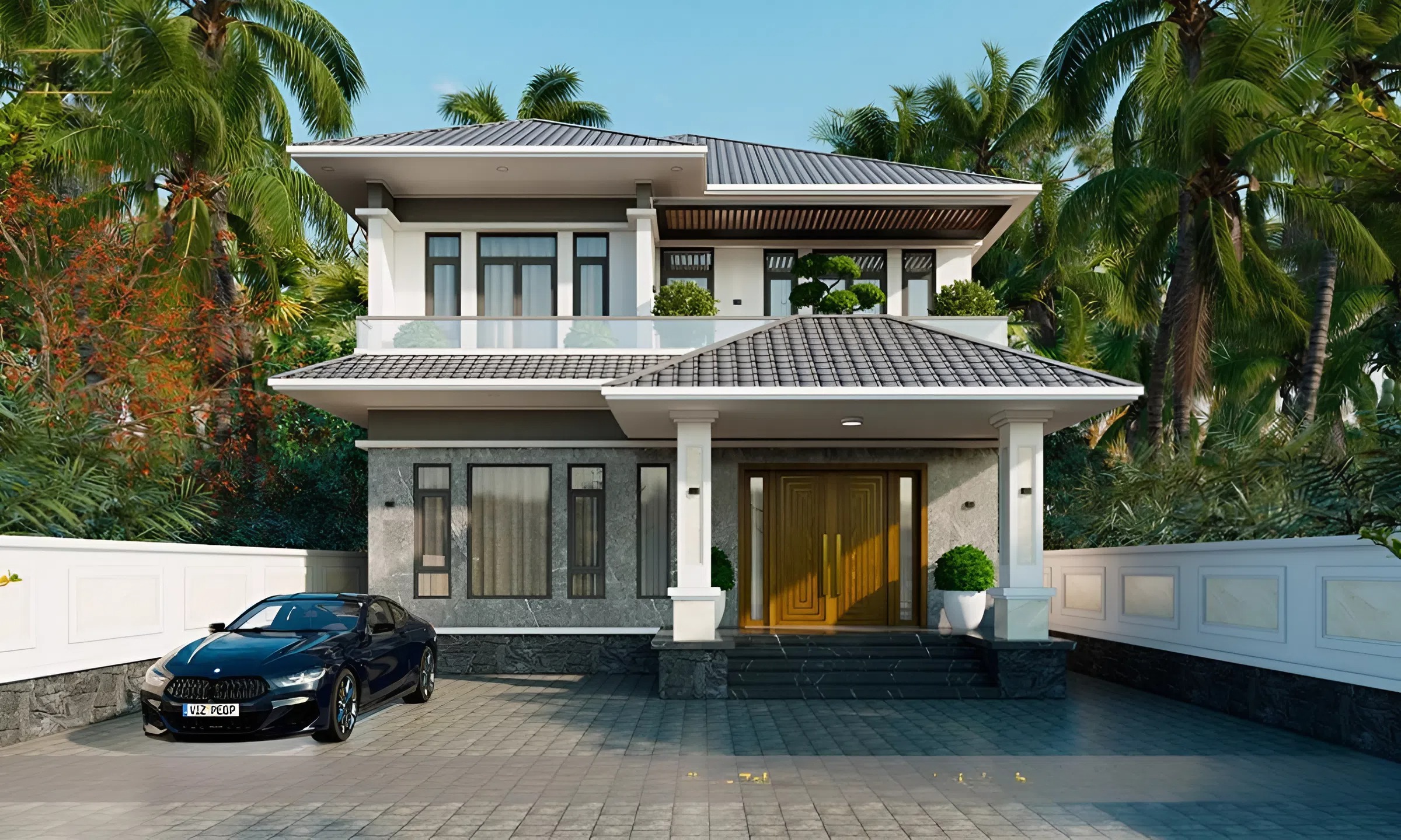 Mẫu thiết kế nhà 2 tầng 120m2 có khoảng sân rộng rãi, phục vụ sinh hoạt.
