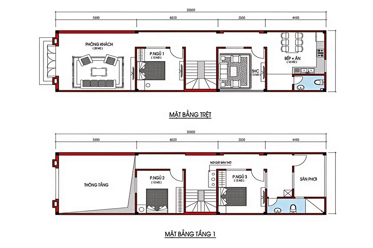 Bản vẽ nhà 2 tầng 3 phòng ngủ 80m2 mẫu 1