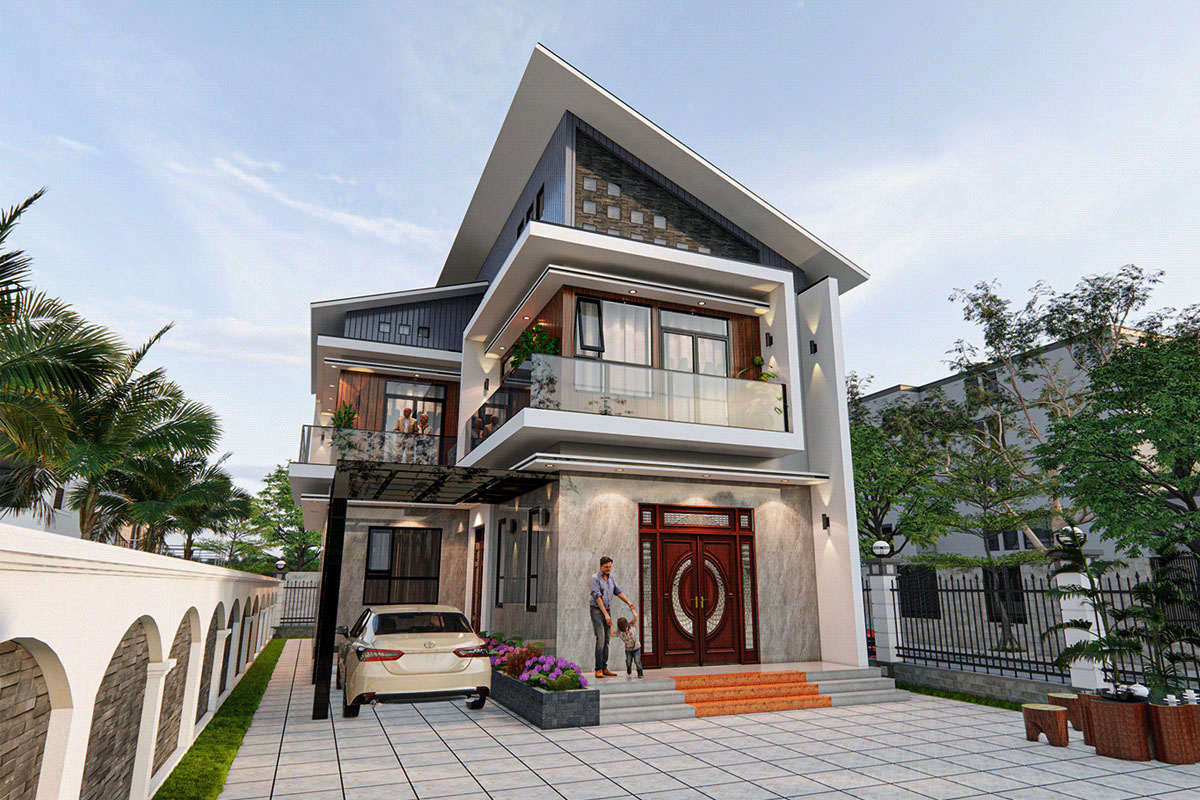 Mẫu nhà 2 tầng 3 phòng ngủ 80m2 hiện đại có sân trước rộng rãi