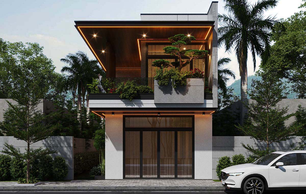 Vật liệu kính được sử dụng nhiều trong mẫu thiết kế nhà 2 tầng 3 phòng ngủ này