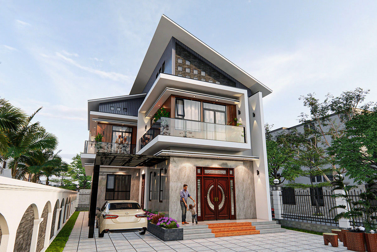 Mẫu thiết kế nhà 2 tầng giá 400 triệu ở nông thôn với mái lệch đẹp hiện đại Mẫu thiết kế nhà 2 tầng giá 400 triệu ở nông thôn với mái lệch đẹp hiện đại