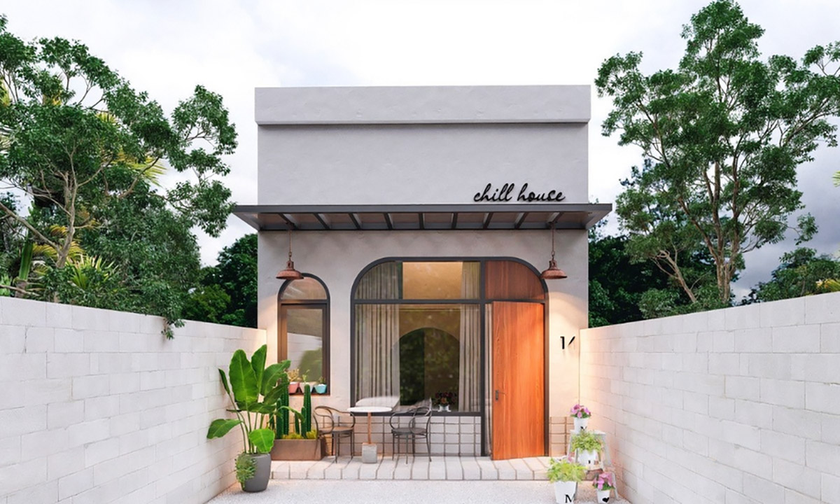 Thiết kế nhà 1 tầng trệt 1 lửng 30m2 có không gian cà phê ngoài trời