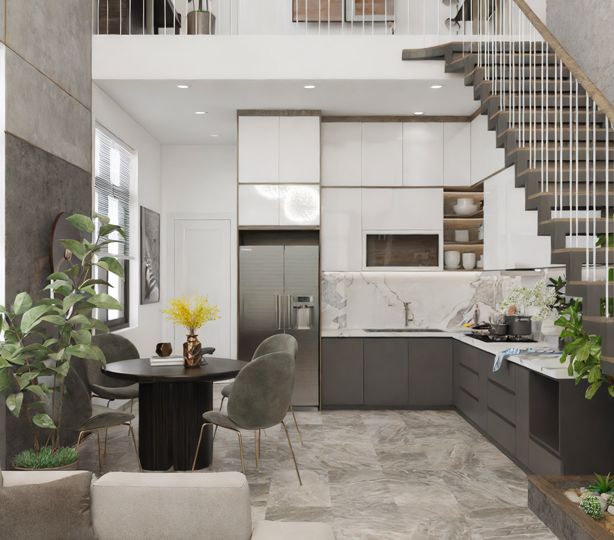 Thiết kế nội thất phòng bếp nhà 2 tầng 30m2 có gác lửng 