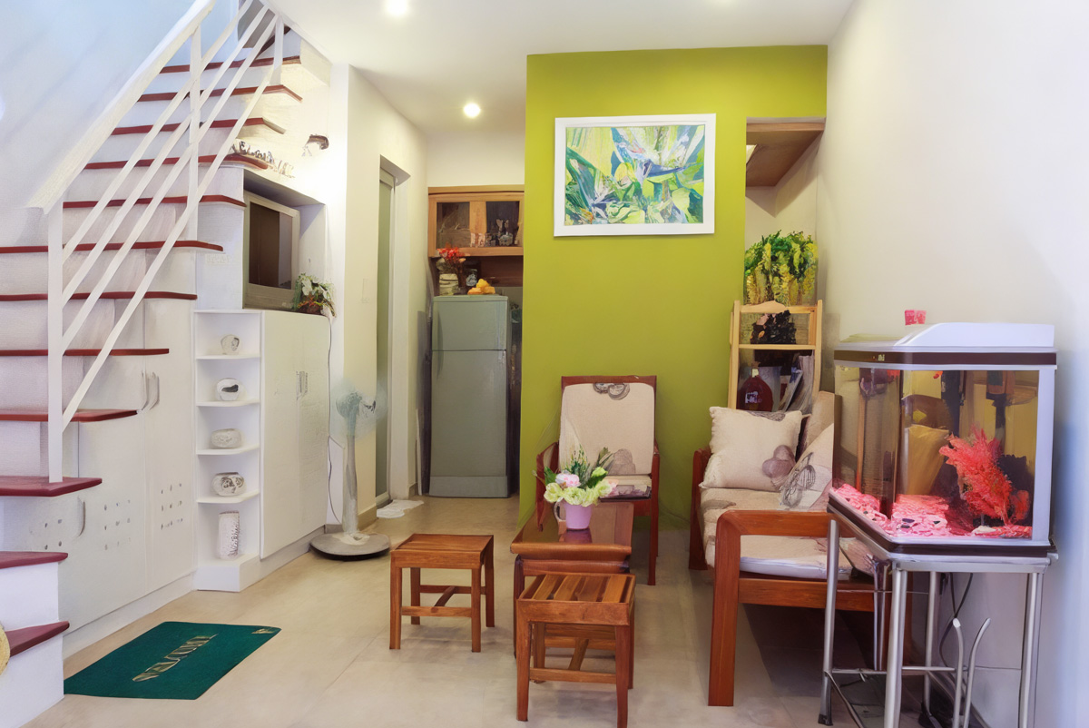 Mẫu thiết kế nhà diện tích 30m2 có gác lửng với cầu thang tích hợp giá sách 