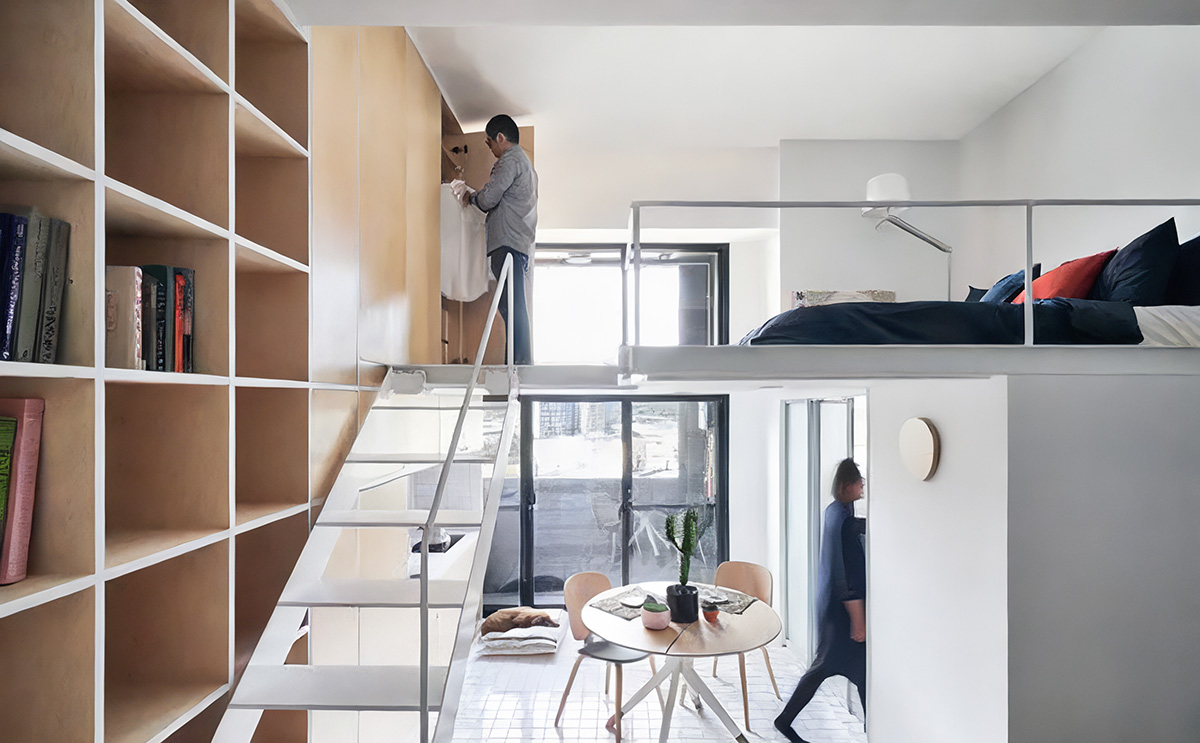 Mẫu thiết kế nhà 30m2 2 tầng lửng với tông trắng chủ đảo kết hợp cửa sổ sát đất đánh lừa thị giác không gian kiến trúc rộng hơn thực tế